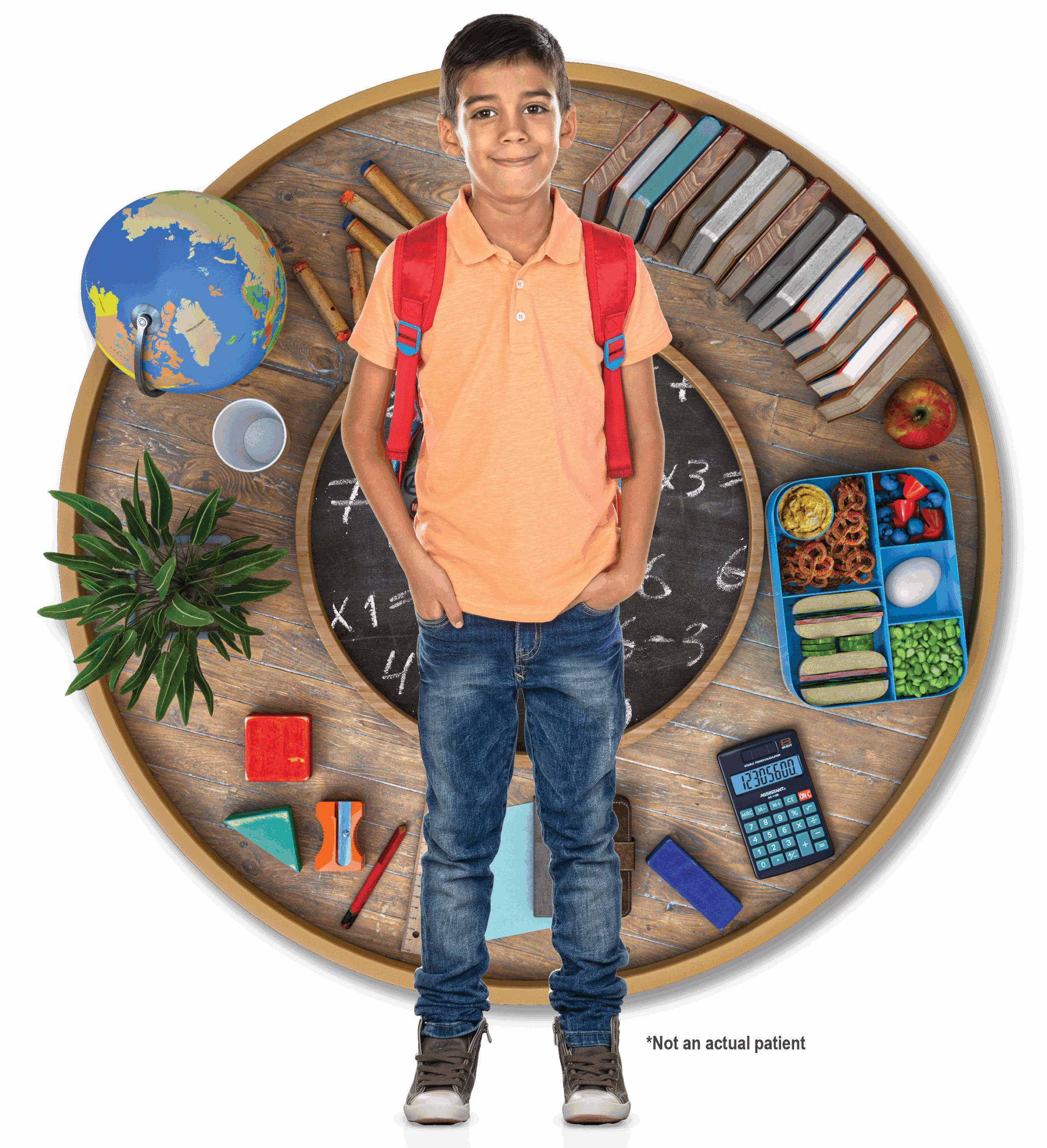 Boy wearing backpack standing in front of school-themed circle