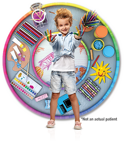 Girl standing in front of circle containing art supplies